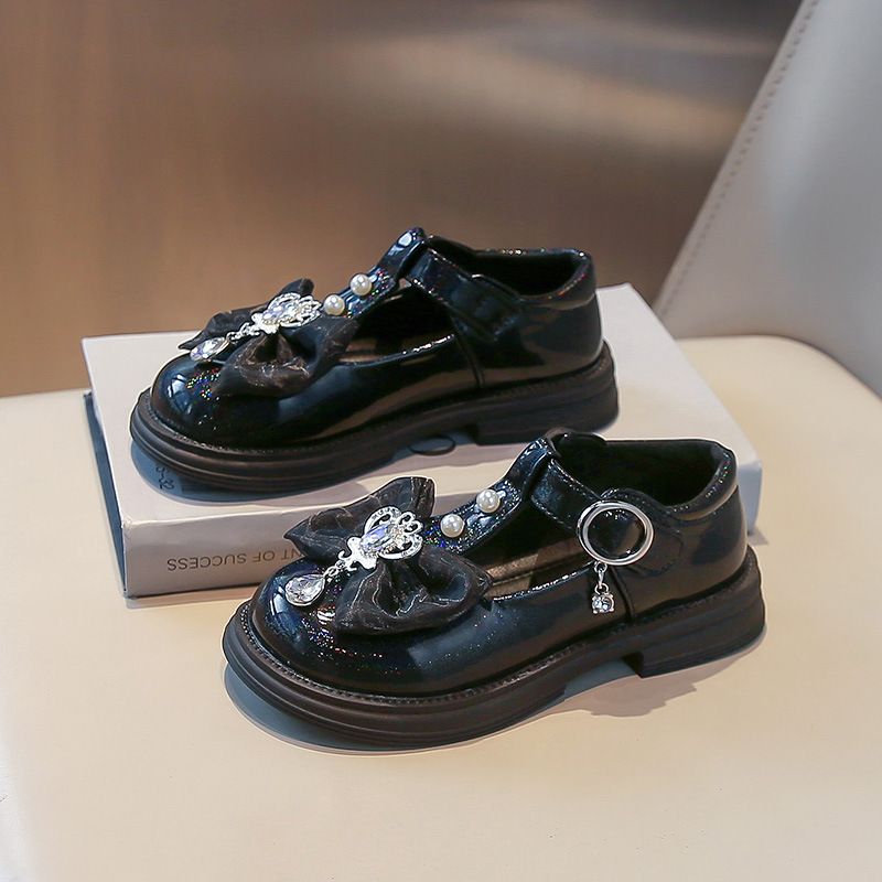 Girls' New Style Priced Plain Color Bowknot Pearl Diamond Soft-Topped Princess Single Shoes for Children's Children's Shoes