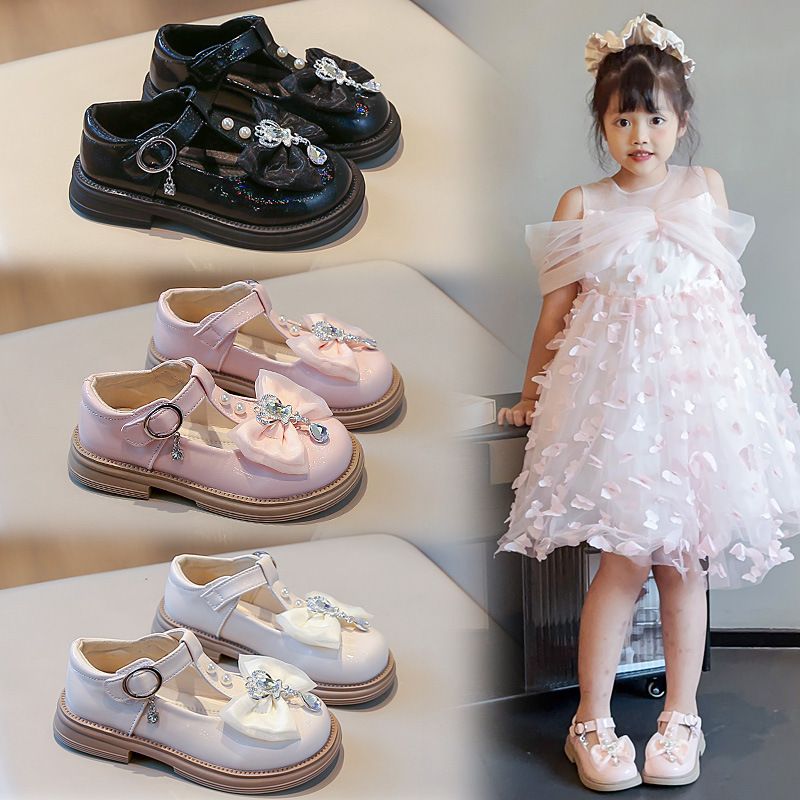 Girls' New Style Priced Plain Color Bowknot Pearl Diamond Soft-Topped Princess Single Shoes for Children's Children's Shoes