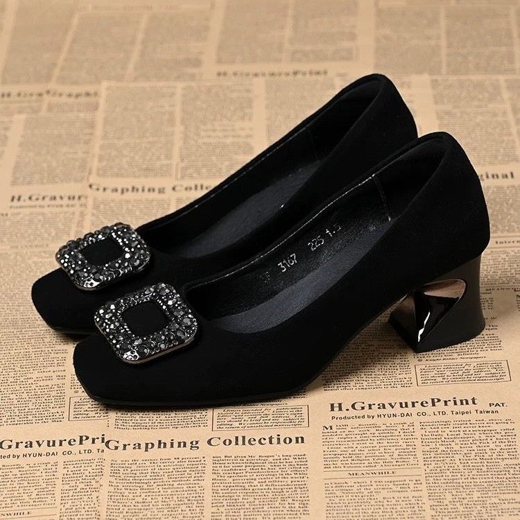 Advanced French square toe single shoe with rhinestone shallow mouth new women's shoes, black soft soled high heels for women