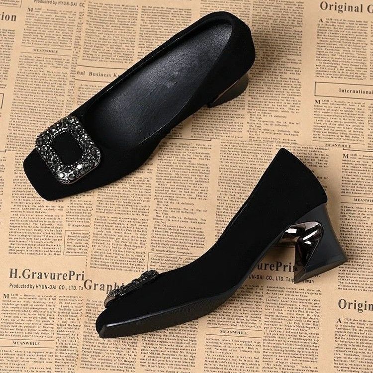 Advanced French square toe single shoe with rhinestone shallow mouth new women's shoes, black soft soled high heels for women
