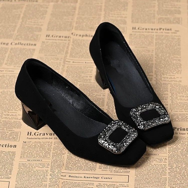 Advanced French square toe single shoe with rhinestone shallow mouth new women's shoes, black soft soled high heels for women