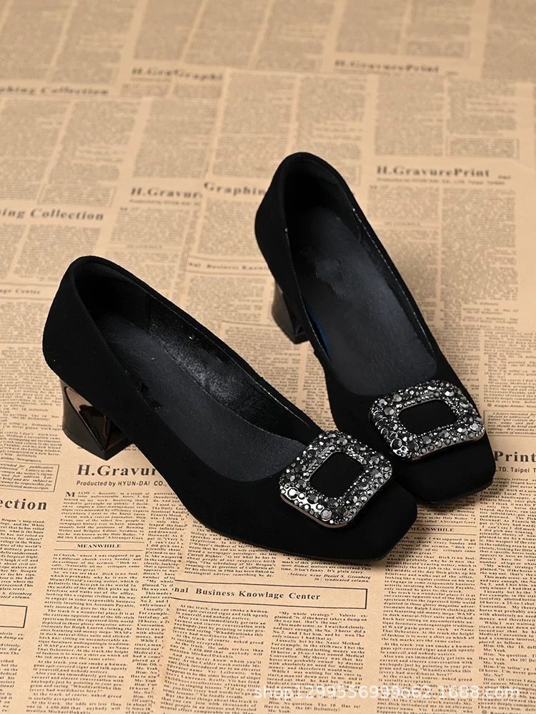 Advanced French square toe single shoe with rhinestone shallow mouth new women's shoes, black soft soled high heels for women