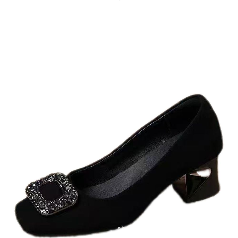 Advanced French square toe single shoe with rhinestone shallow mouth new women's shoes, black soft soled high heels for women
