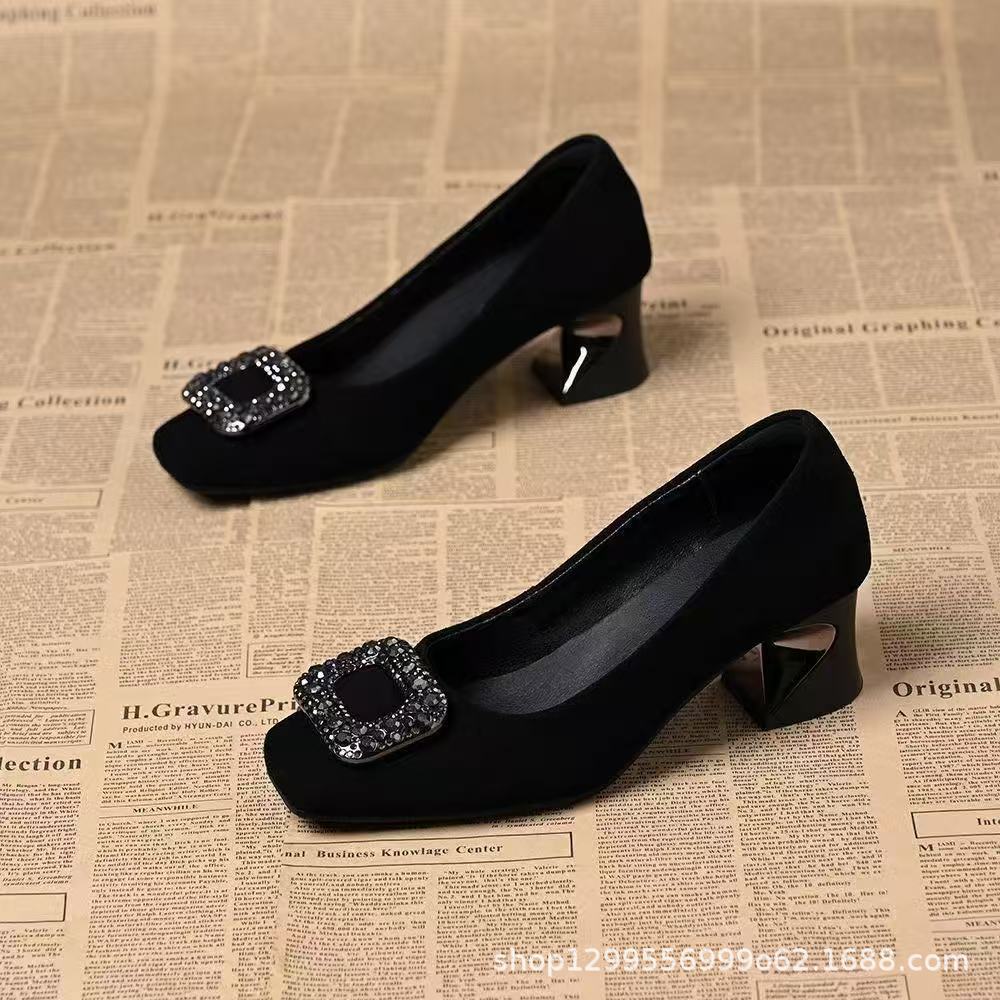 Advanced French square toe single shoe with rhinestone shallow mouth new women's shoes, black soft soled high heels for women