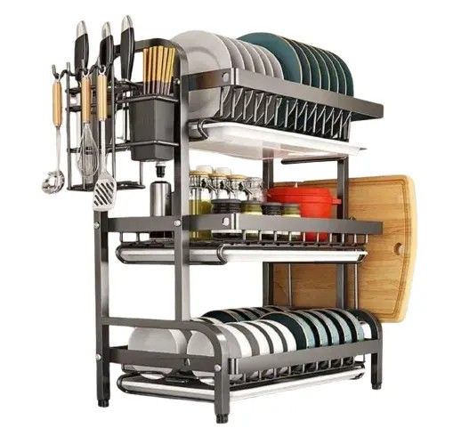 ✨3-Tier Black Dish Rack – Heavy-Duty Stainless Steel Kitchen Organizer | Space-Saving Drying Rack with Utensil & Cutting Board Holders 🍽️
