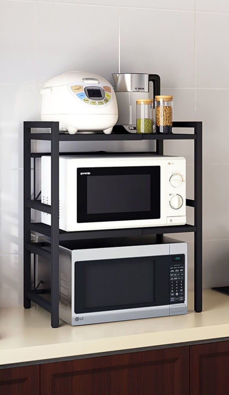 Expandable 2-Layer Modern Microwave Stand – High-Quality Rust-Free Kitchen Organizer Shelf, Space-Saving Multipurpose Rack for Ovens, Toasters, and Pantry Storage