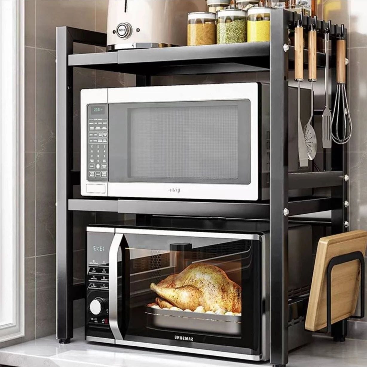 Expandable 2-Layer Modern Microwave Stand – High-Quality Rust-Free Kitchen Organizer Shelf, Space-Saving Multipurpose Rack for Ovens, Toasters, and Pantry Storage