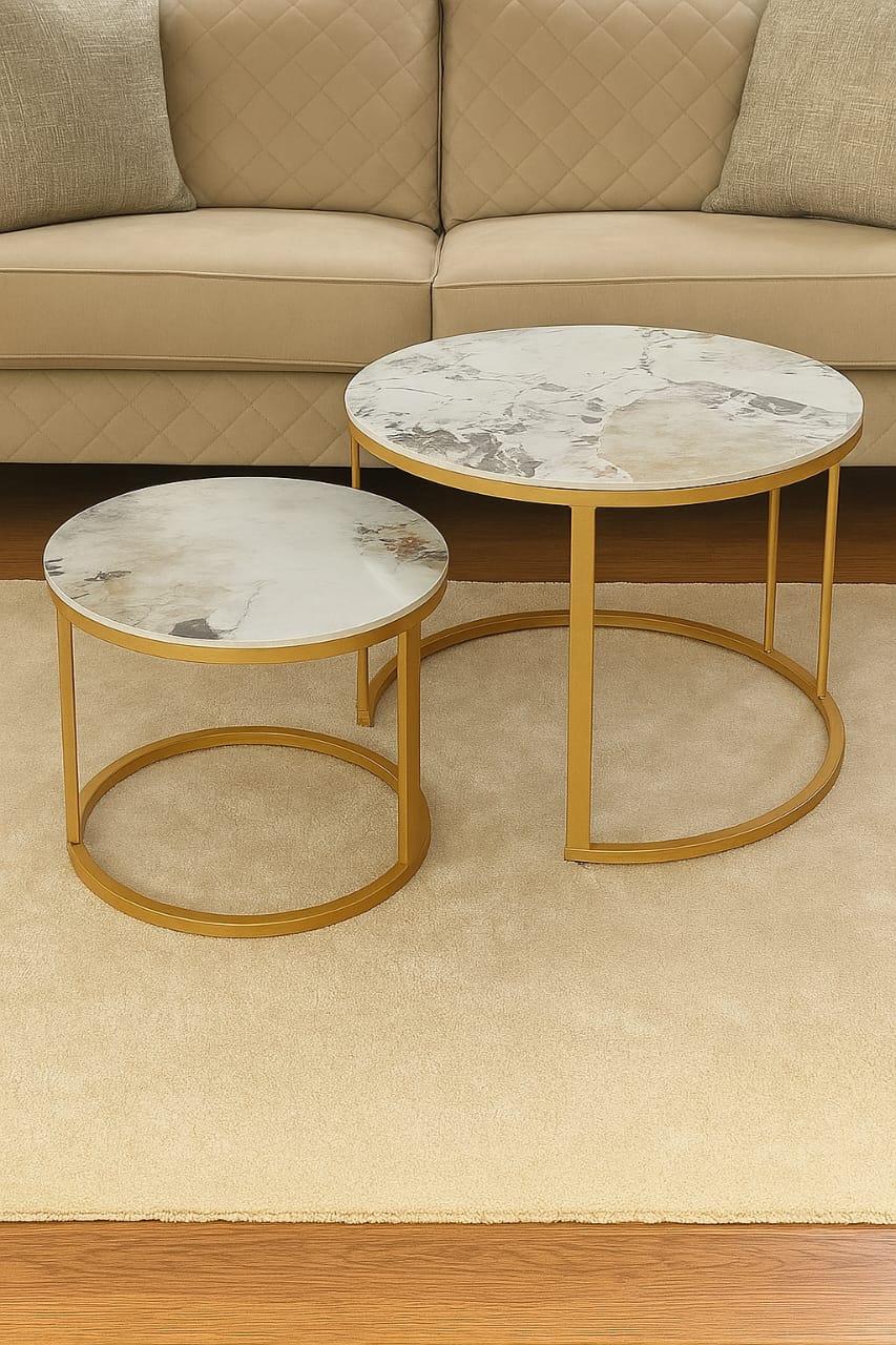 Pure Marble Nesting Stool 2-Piece Set with Round White Marble Tops and Gold Metal Frames, Modern Space-Saving Coffee Tables for Living Room or Lounge