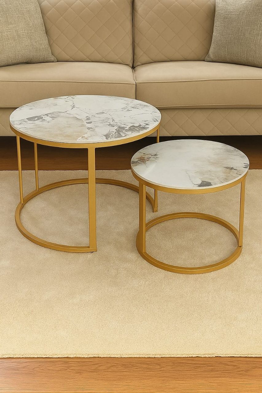 Pure Marble Nesting Stool 2-Piece Set with Round White Marble Tops and Gold Metal Frames, Modern Space-Saving Coffee Tables for Living Room or Lounge