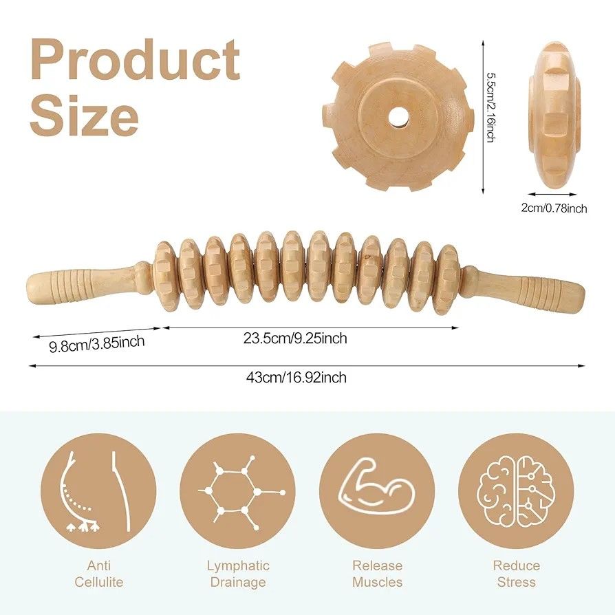 Curved Wooden Massage Roller Stick for Lymphatic Drainage and Maderoterapia Colombiana – Natural Wood Therapy Tool for Anti-Cellulite Massage, Body Contouring and Relaxation