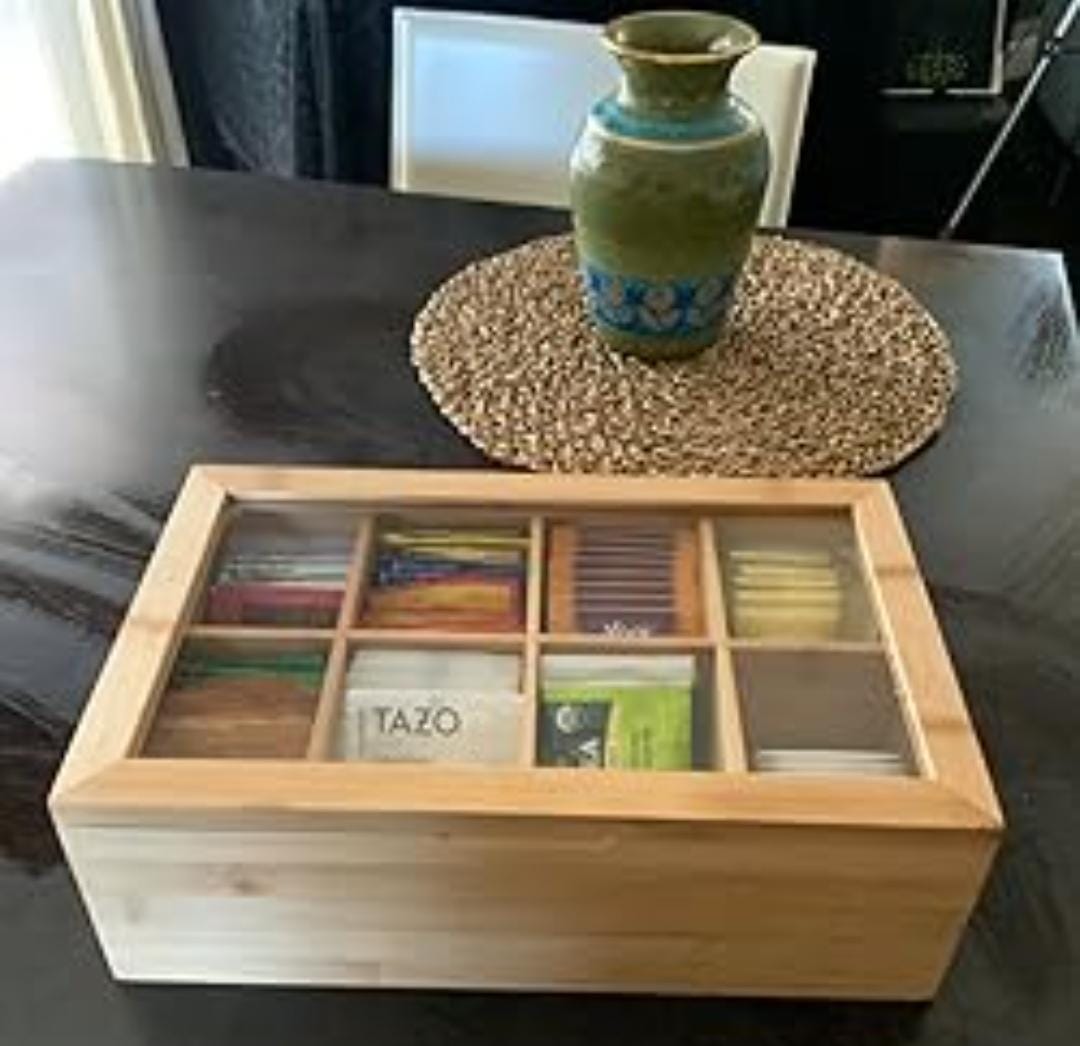 6 Compartment Bamboo Tea Bag Organizer With Clear Cover.Keeps tea bags neatly organized and easily accessible, reducing clutter and helping to maintain a tidy kitchen or pantry.
Freshness: