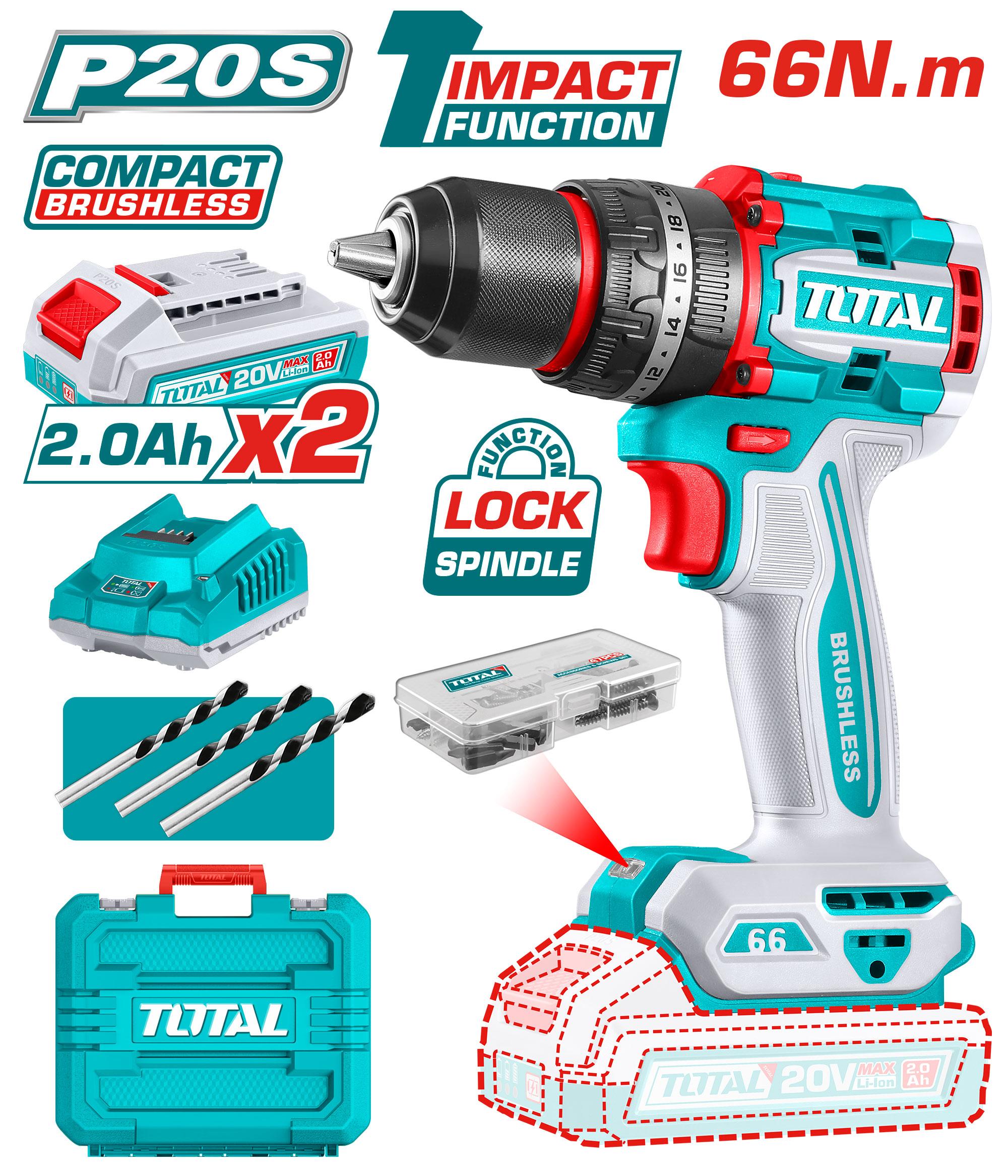 Total  TIDLI20668 Compact Brushless Cordless Impact Drill 66Nm 20v