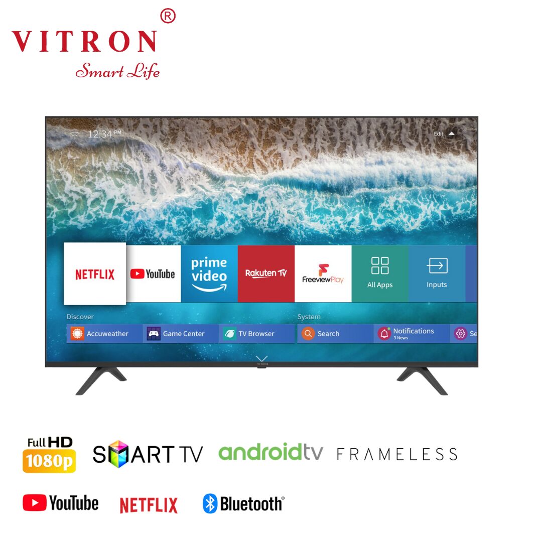 Vitron 43 Inch Smart TV HTC4068S Android 11 Smart LED HD Television Youtube Netflix AC Input USB HDMI Multifunctional Frameless TV DVB-T2 1G+8GB Bluetooth Enabled HD Android Television Inbuilt Decode