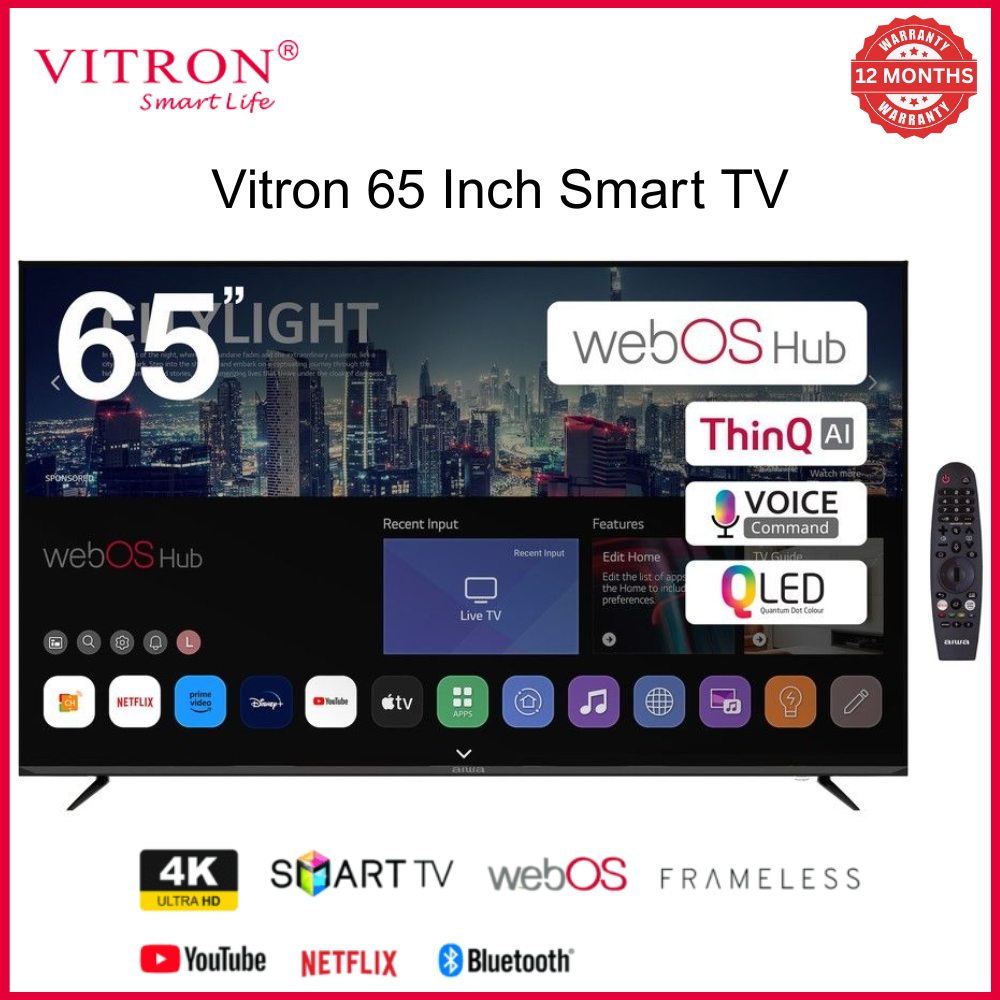 Vitron  65 Inch Smart TV 6588USWOS 4K WebOS TV DVBT2/S2 HDR Dolby Audio PrimeVideo Inbuilt Decoder App store Netflix Youtube  BLUETOOTH  MULTIPLE USB HDMI ports Multilanguage Smart Frameless Wi-Fi TV