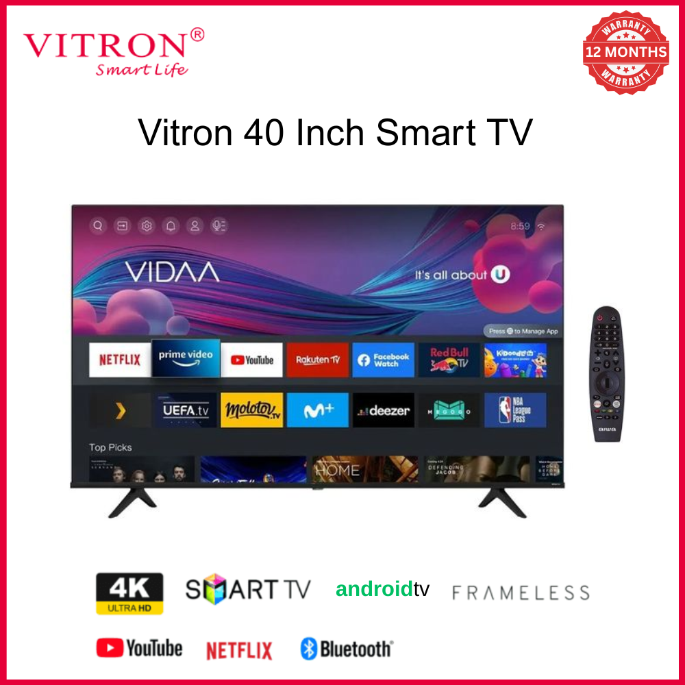 Vitron 40 Inch Smart TV HTC4068S Android 11 Smart LED HD Television Youtube Netflix AC Input USB HDMI Multifunctional Frameless TV DVB-T2 1G+8GB Bluetooth Enabled HD Android Television Inbuilt Decode