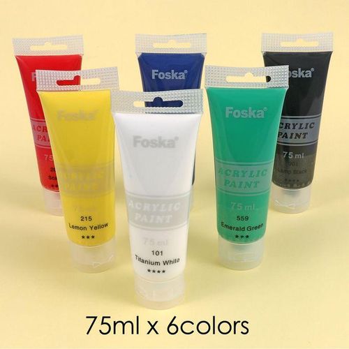 ACRYLIC PAINT SET (6x75ml) -Colours: Titanium White, Lemon Yellow, Scarlet, Emerald Green, Lamp Black, PhthaloCyanine Blue.