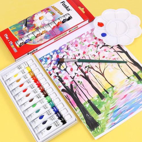 ACRYLIC PAINT SET (6x75ml) -Colours: Titanium White, Lemon Yellow, Scarlet, Emerald Green, Lamp Black, PhthaloCyanine Blue.