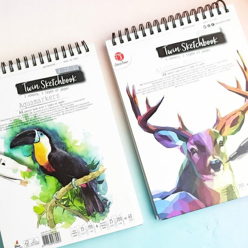 A4 Twin Sketch Book Top Spiral, Aqua Marker papers  35 sheets of 190Gsm 35 and Alcohol Markers paper 25 Sheets of 200Gsm ( 60 Sheets) Bleed proof, Professional Art Supplies for Adults & Teens.