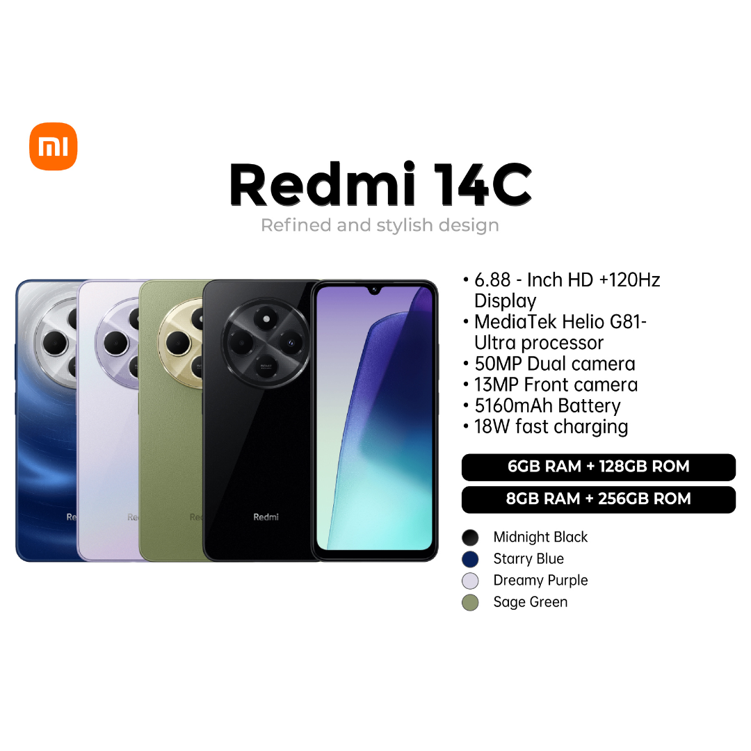 Redmi 14c 256gb +16gb extended ram, 6.88" punch hole display, 5160mAh 18W fast charging 50mp dual rear camera , android 14 mediatek Helio G81 2yrs after sales service