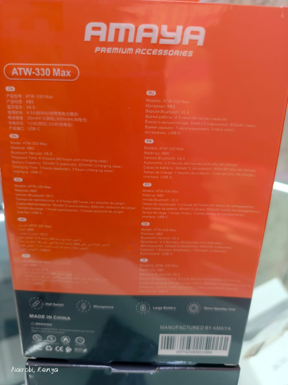 AMAYA FREEPOS LITE ATW-330 MAX 60hrs LONG PLAYTIME EARBUDS. BUDS STAY  UP TO 8 HOURS ON A SINGLE CHARGE. CHARGING CAS PROVIDES ADDITIONAL 32 HOURS OF POWER . IPX4 BASIC WATER RESISTANCE.