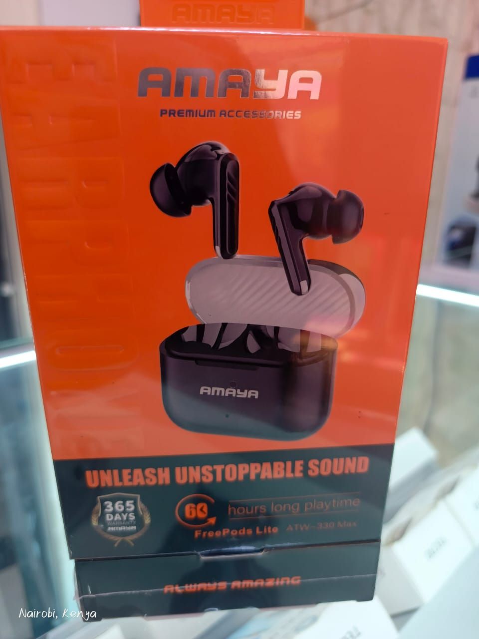 AMAYA FREEPOS LITE ATW-330 MAX 60hrs LONG PLAYTIME EARBUDS. BUDS STAY  UP TO 8 HOURS ON A SINGLE CHARGE. CHARGING CAS PROVIDES ADDITIONAL 32 HOURS OF POWER . IPX4 BASIC WATER RESISTANCE.