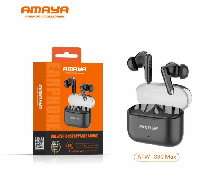 AMAYA FREEPOS LITE ATW-330 MAX 60hrs LONG PLAYTIME EARBUDS. BUDS STAY  UP TO 8 HOURS ON A SINGLE CHARGE. CHARGING CAS PROVIDES ADDITIONAL 32 HOURS OF POWER . IPX4 BASIC WATER RESISTANCE.