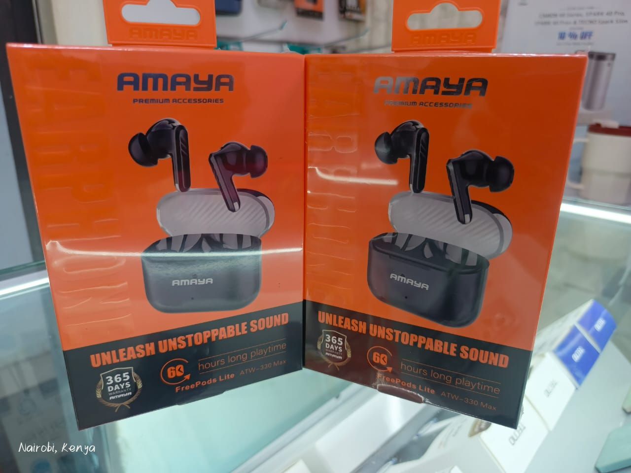 AMAYA FREEPOS LITE ATW-330 MAX 60hrs LONG PLAYTIME EARBUDS. BUDS STAY  UP TO 8 HOURS ON A SINGLE CHARGE. CHARGING CAS PROVIDES ADDITIONAL 32 HOURS OF POWER . IPX4 BASIC WATER RESISTANCE.