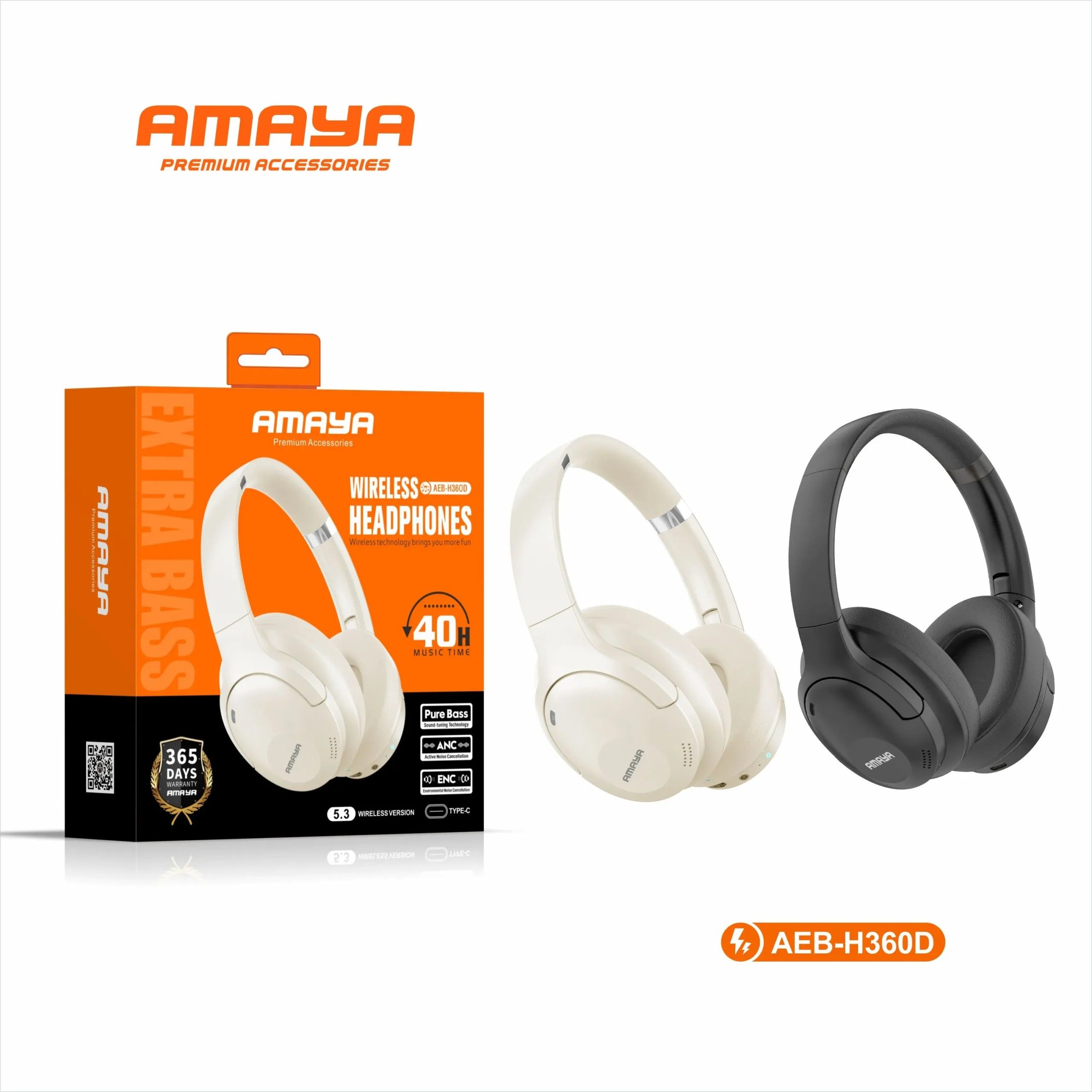 AMAYA  AEB-H360D ACTIVE NOISE CANCELLATION (ANC) OVER-EAR WIRELESS BLUETOOTH HEADPHONES, LONG BATTERY LIFE, PREMIUM SOUND QUALITY  WITH  INTUITIVE TOUCH CONTROLS, FOLDABLE DESIGN.