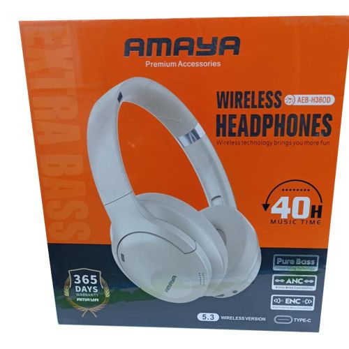 AMAYA  AEB-H360D ACTIVE NOISE CANCELLATION (ANC) OVER-EAR WIRELESS BLUETOOTH HEADPHONES, LONG BATTERY LIFE, PREMIUM SOUND QUALITY  WITH  INTUITIVE TOUCH CONTROLS, FOLDABLE DESIGN.