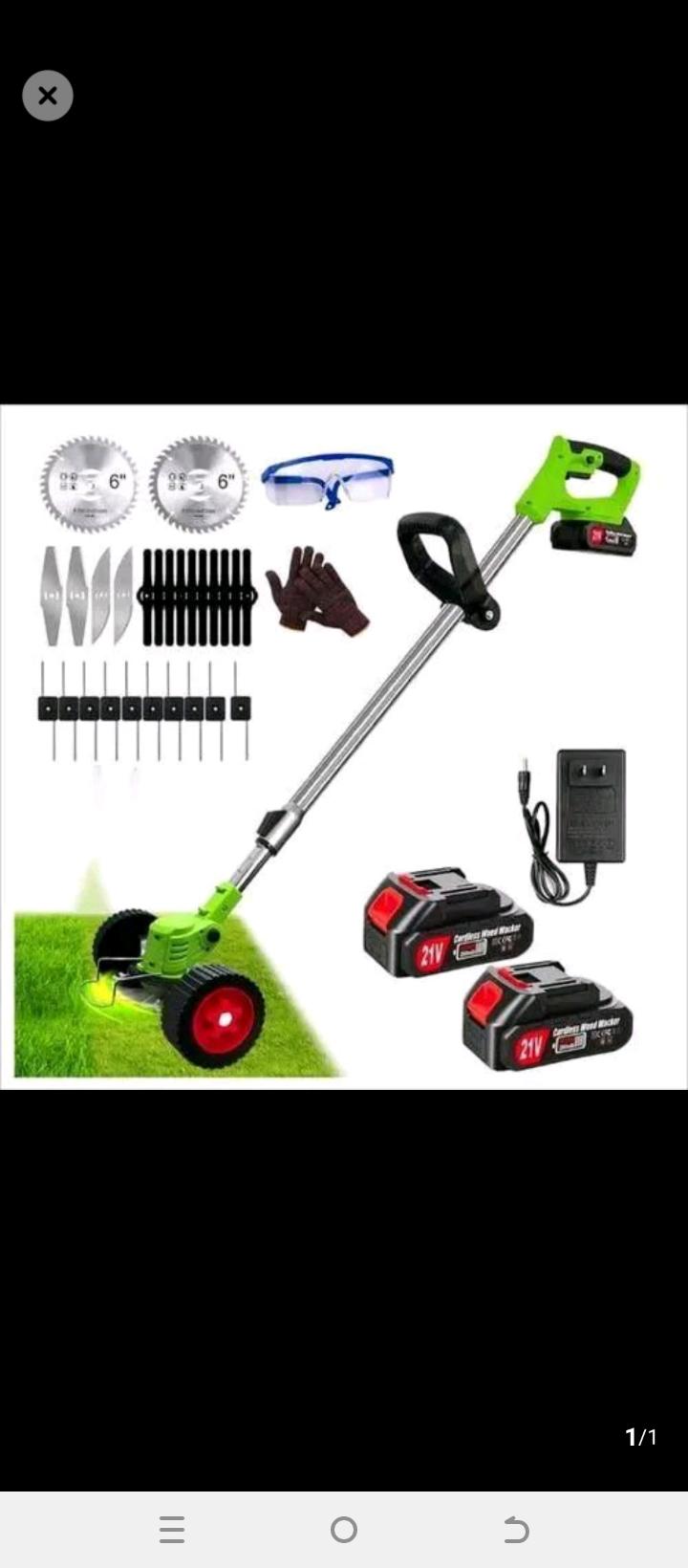 Cordless lawn mower/Grass cutter with two rechargeable batteries, adjustable handle and two pair of wheels