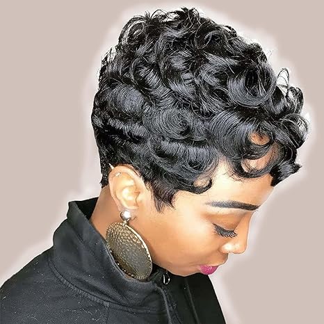 Human Hair Short Pixie Cut Wigs for Women Black Synthetic Hair, Glueless, Pre-Plucked, Curly With Bangs,