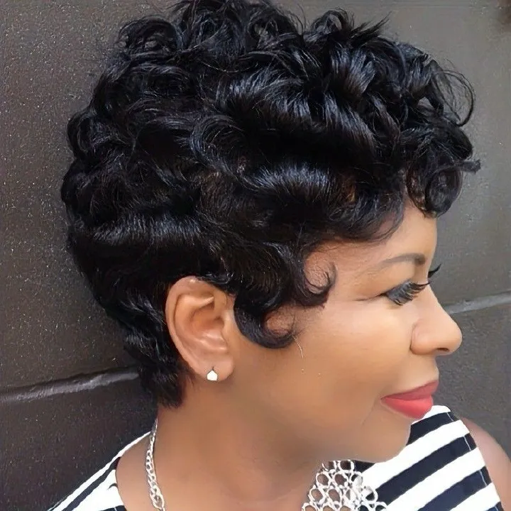 Human Hair Short Pixie Cut Wigs for Women Black Synthetic Hair, Glueless, Pre-Plucked, Curly With Bangs,