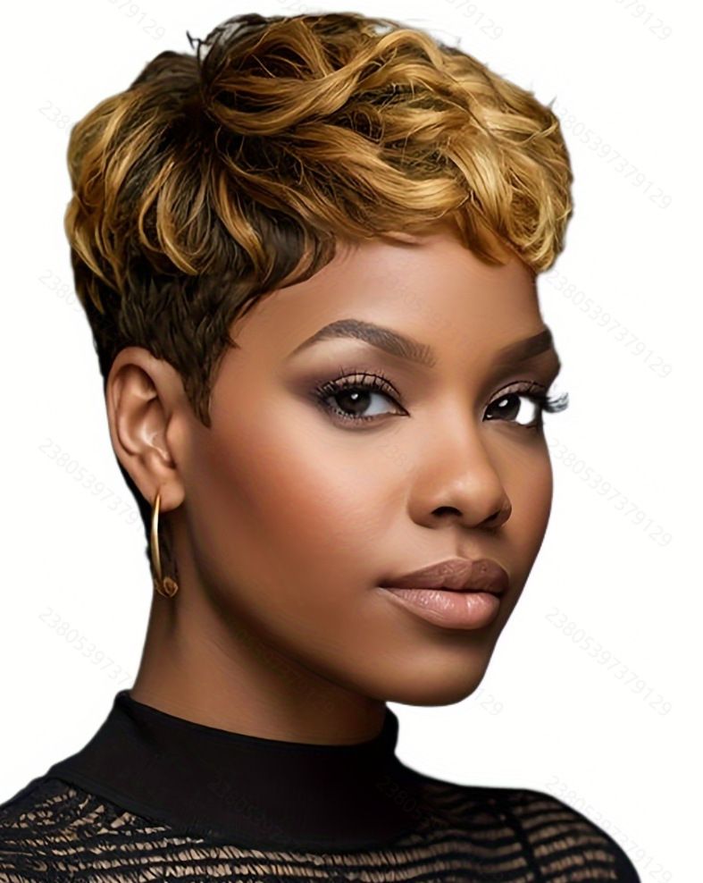 Human Hair Short Pixie Cut Wigs for Women Black Synthetic Hair, Glueless, Pre-Plucked, Curly With Bangs,