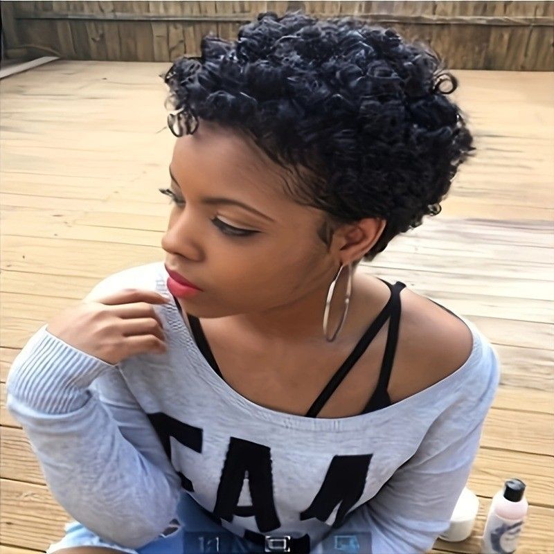 Human Hair Short Pixie Cut Wigs for Women Black Synthetic Hair, Glueless, Pre-Plucked, Curly With Bangs,