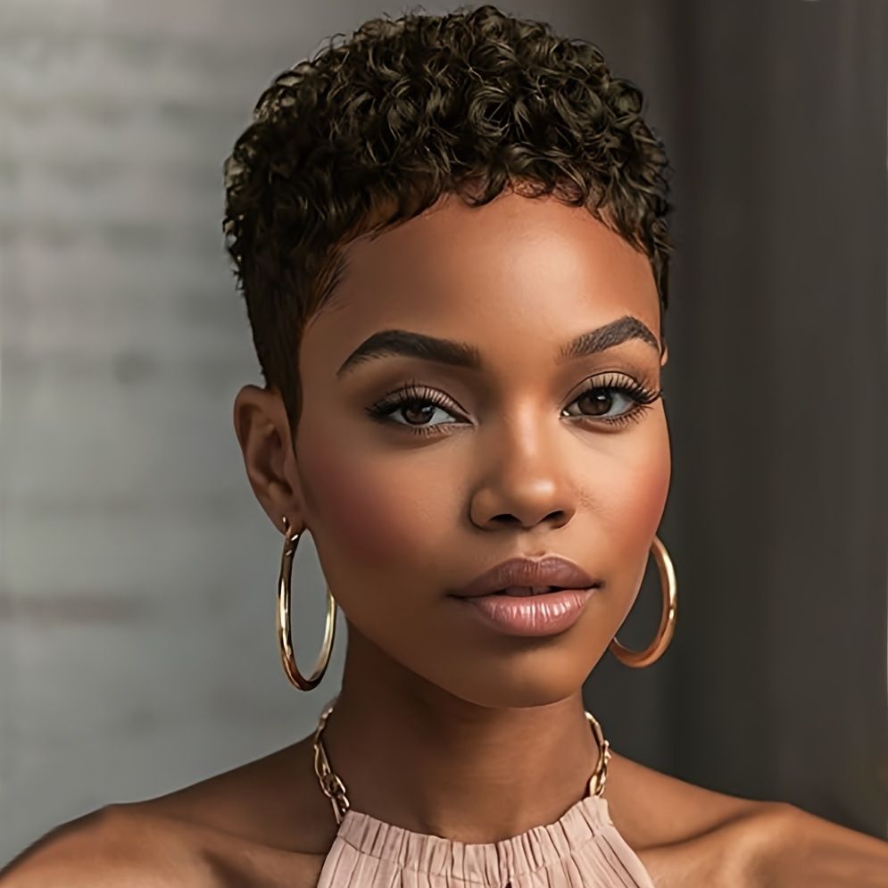 Human Hair Short Pixie Cut Wigs for Women Black Synthetic Hair, Glueless, Pre-Plucked, Curly With Bangs,