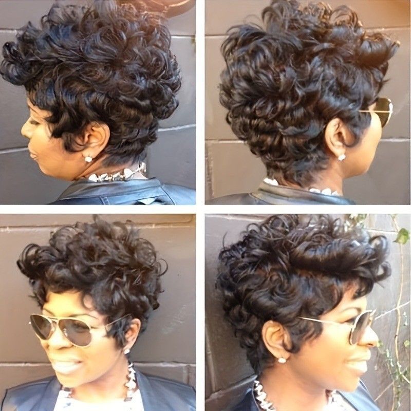 Human Hair Short Pixie Cut Wigs for Women Black Synthetic Hair, Glueless, Pre-Plucked, Curly With Bangs,
