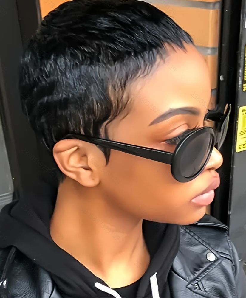 Human Hair Short Pixie Cut Wigs for Women Black Synthetic Hair, Glueless, Pre-Plucked, Curly With Bangs,