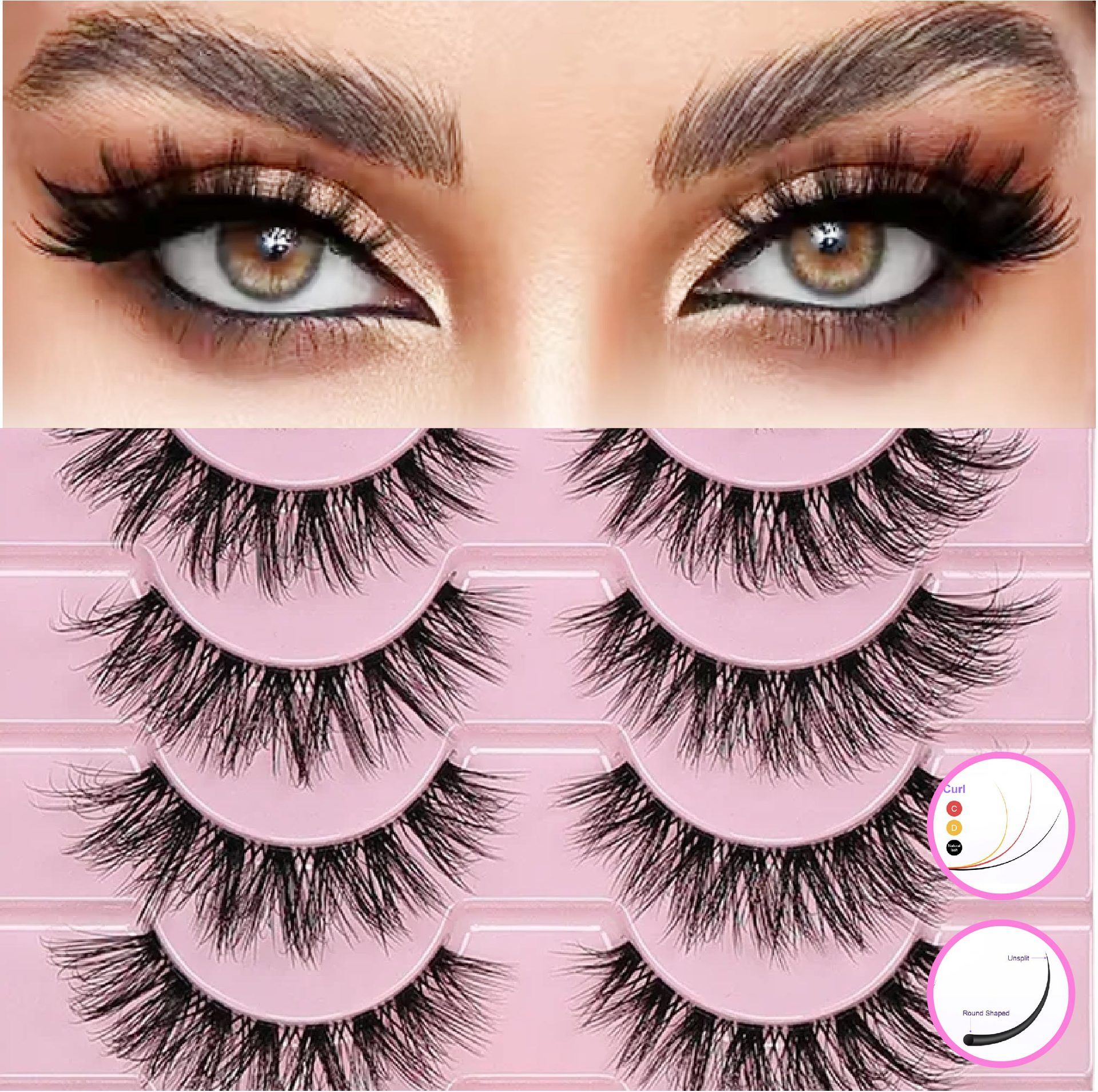 Cat Eye Lashes Natural Eyelashes Short Wispy Lash Strips Volume Eyelash Cateye Medium Length False Lashes Natural Looking Hybrid Clusters Full Strip Lashes  (8-14MM)