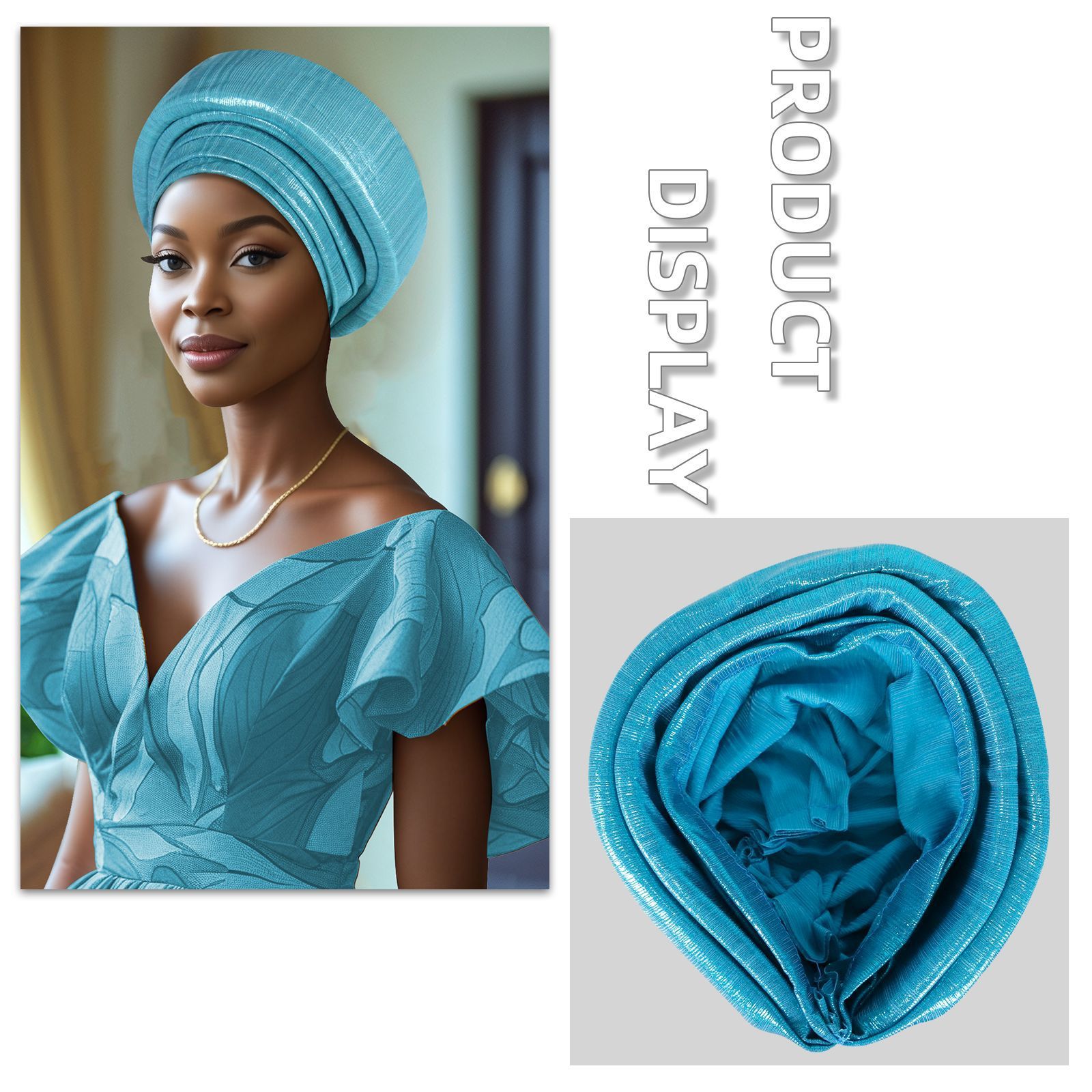 Pre-Tied African Hats Gold Auto Gele African Head Wraps Church Turban for Women， Elastic Turban Hair Wrap