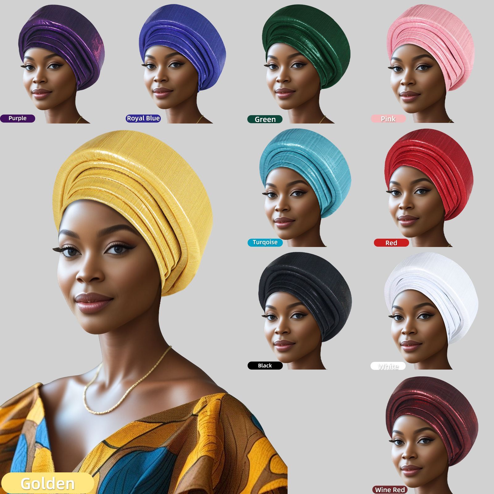 Pre-Tied African Hats Gold Auto Gele African Head Wraps Church Turban for Women， Elastic Turban Hair Wrap