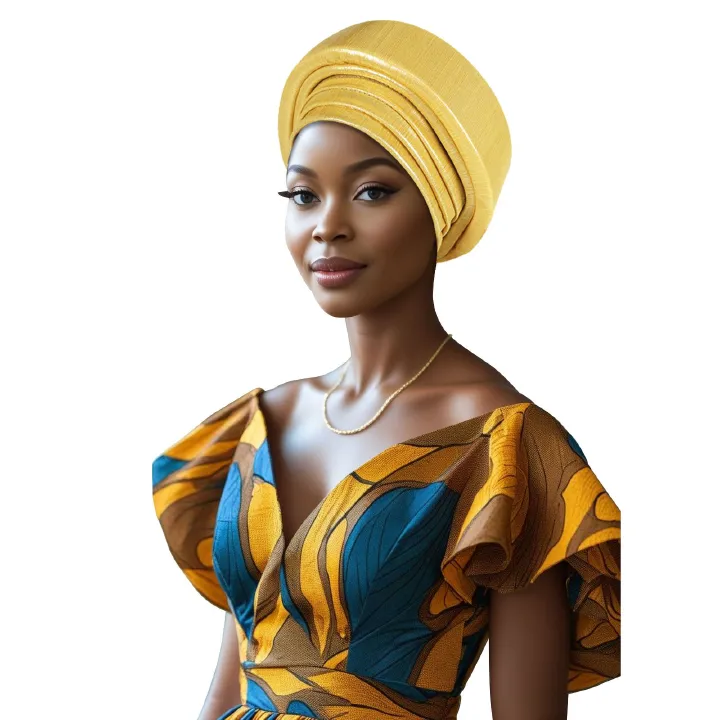 Pre-Tied African Hats Gold Auto Gele African Head Wraps Church Turban for Women， Elastic Turban Hair Wrap