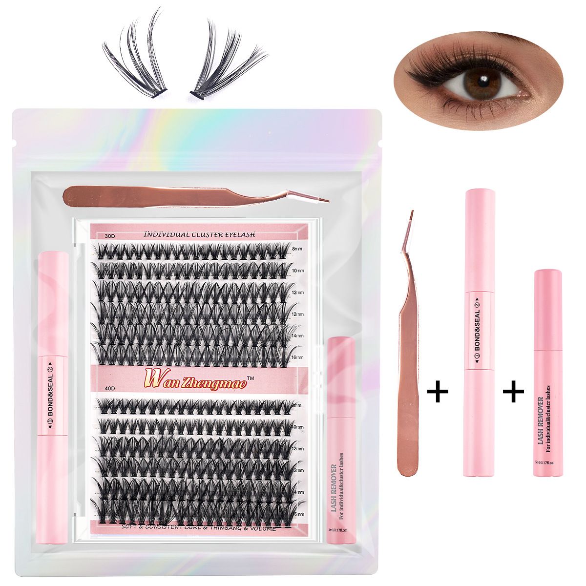 30D-40D Eyelash Extension Kit, 10-18mm DIY Kit with Glue Eyelashes, lash clusters，Double Ended Glue Tweezers Set，diy lash extension kit.