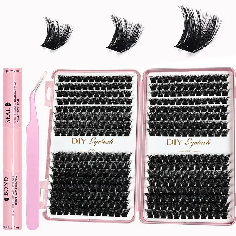 DIY Lash Extension Kit 684pcs Individual Lashes Clusters D Curl Eyelash Extension Kit with Lash Bond and Seal,Eyelash Tweezers Brush(10-18mm,50D+60D+80D+100D) Lash Books DIY at Home