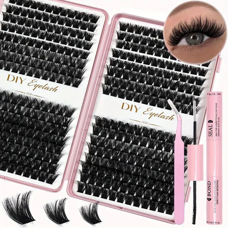 DIY Lash Extension Kit 684pcs Individual Lashes Clusters D Curl Eyelash Extension Kit with Lash Bond and Seal,Eyelash Tweezers Brush(10-18mm,50D+60D+80D+100D) Lash Books DIY at Home