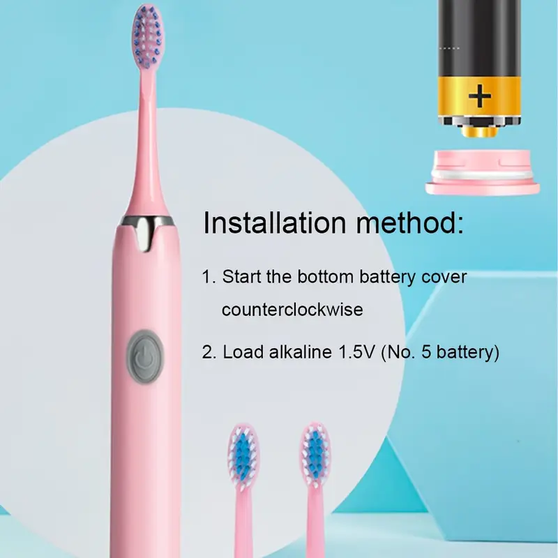 Portable Battery Powered Rechargeable Toothbrush for Teeth whitening，3Brush Heads , White+Pink+blue with Battery