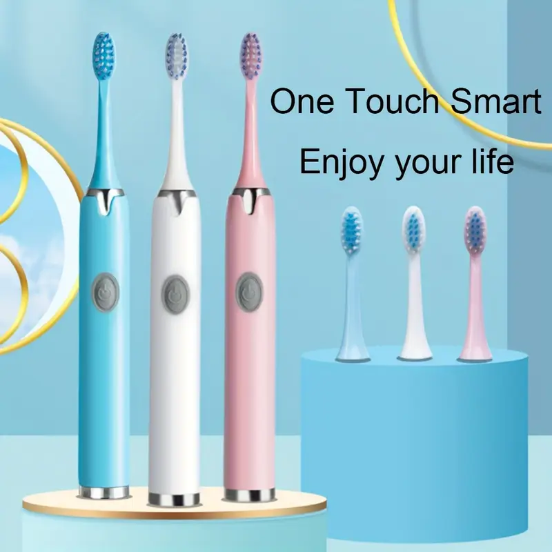 Portable Battery Powered Rechargeable Toothbrush for Teeth whitening，3Brush Heads , White+Pink+blue with Battery