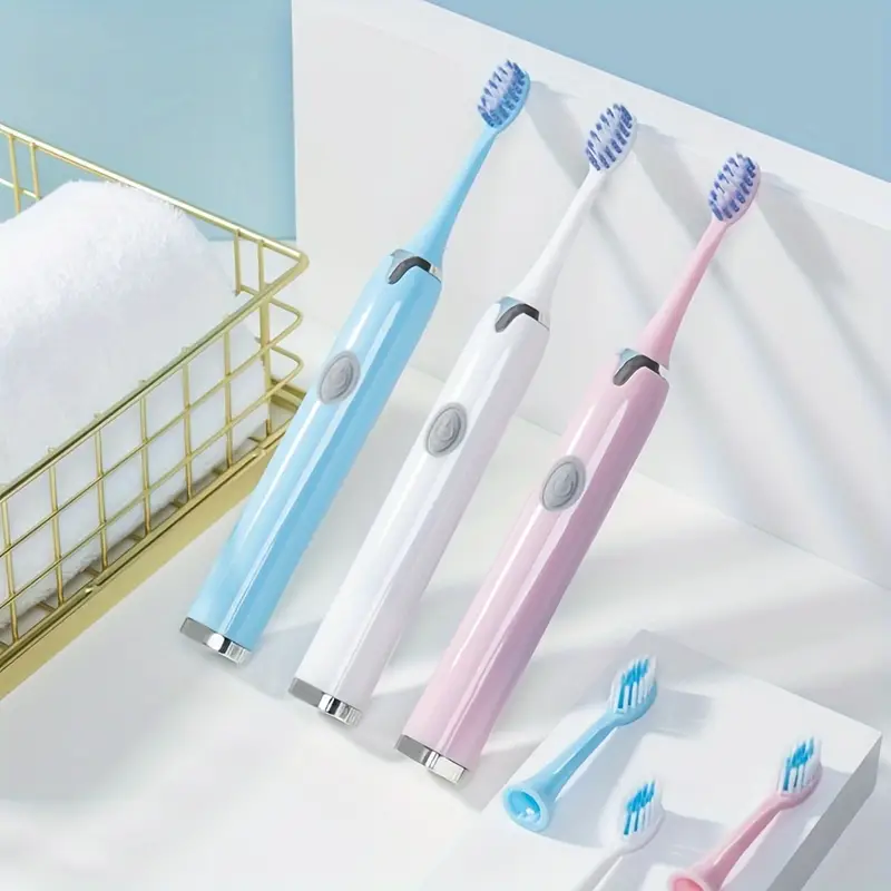 Portable Battery Powered Rechargeable Toothbrush for Teeth whitening，3Brush Heads , White+Pink+blue with Battery