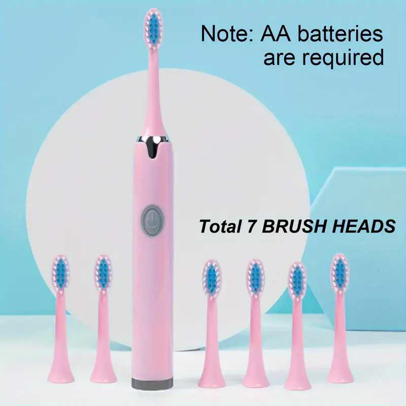 Portable Battery Powered Rechargeable Toothbrush for Teeth whitening，3Brush Heads , White+Pink+blue with Battery