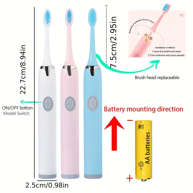 Portable Battery Powered Rechargeable Toothbrush for Teeth whitening，3Brush Heads , White+Pink+blue with Battery