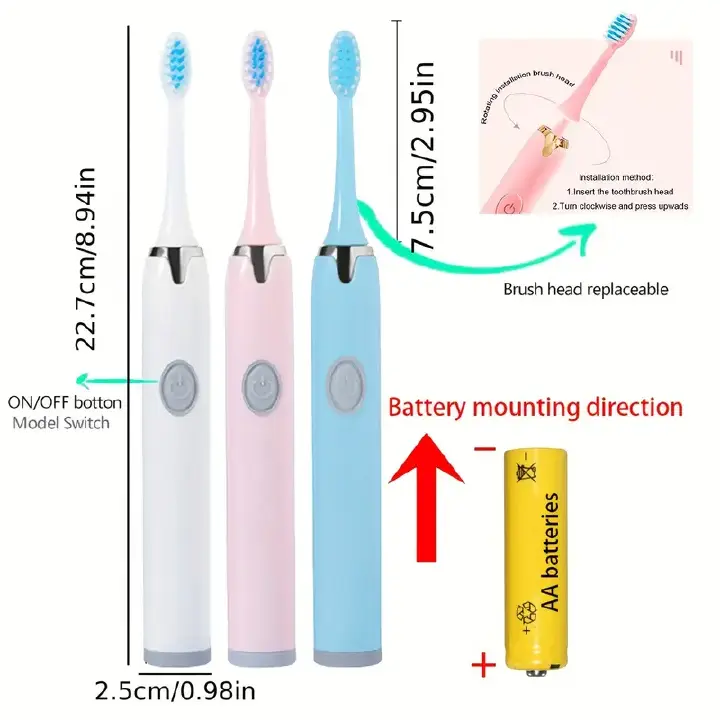 Portable Battery Powered Rechargeable Toothbrush for Teeth whitening，3Brush Heads , White+Pink+blue with Battery